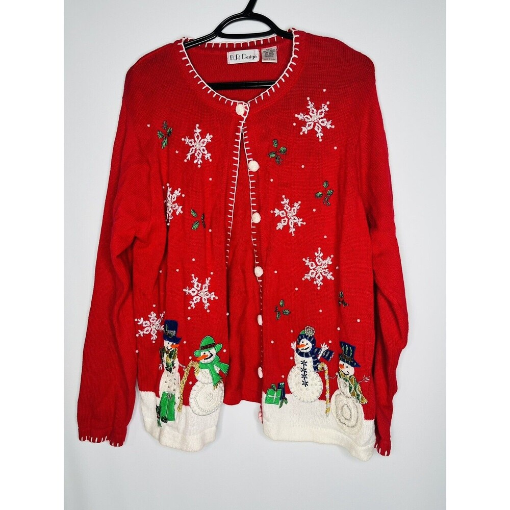 Vintage Knit Ugly Christmas sweater cardigan L snowman 3D Button Up Snowflakes